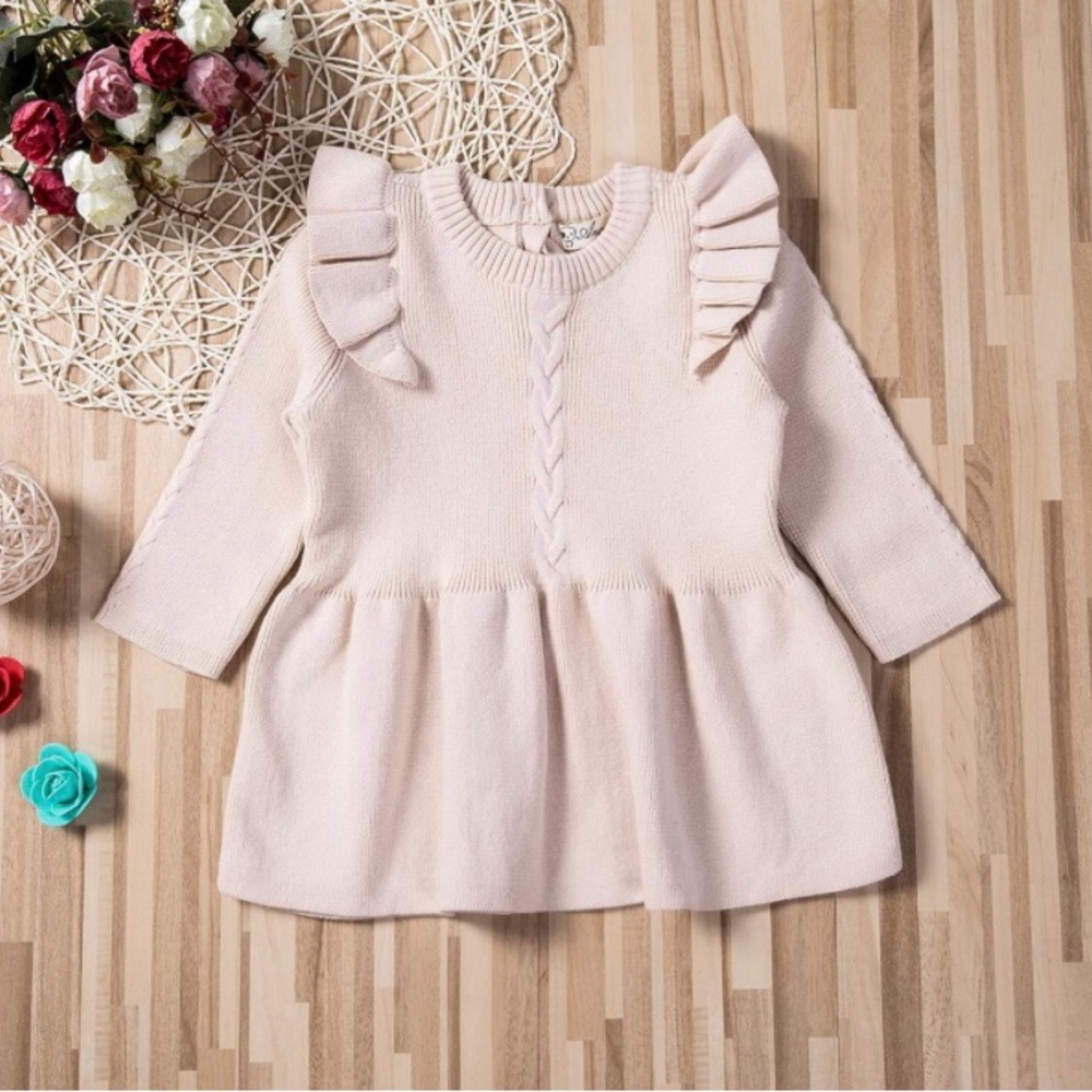 6-12M  Girl Pleated Long sleeve Knit Sweater Dress with Ruffles